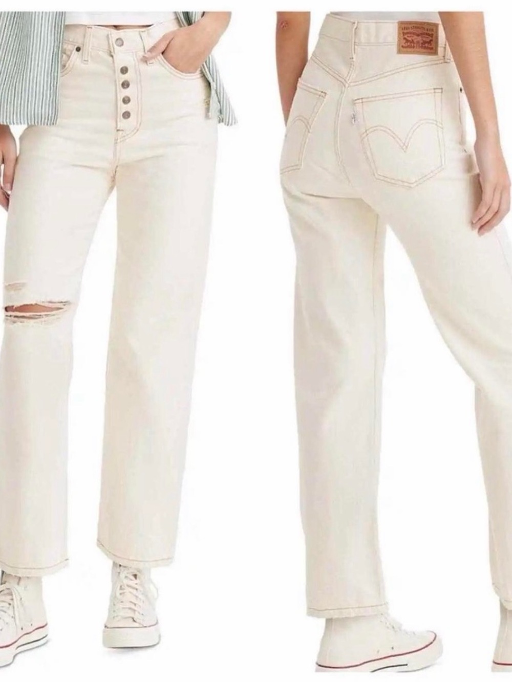 Levi's Women’s Cream Ribcage Straight Ankle Distressed Button Fly Denim Jeans 31 - Picture 1 of 8